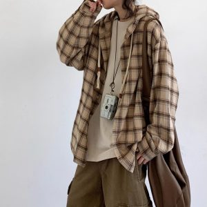 Japanese-Style Retro Plaid Hooded Long Sleeve Shirt for Men and Women - Casual College Trendy Jacket for Spring and Autumn