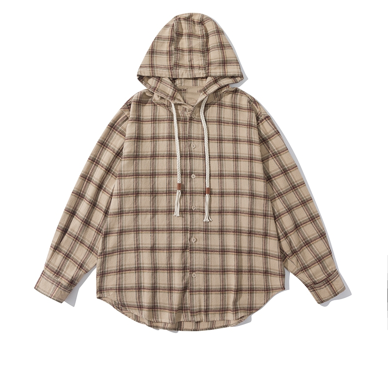 Japanese-Style Retro Plaid Hooded Long Sleeve Shirt for Men and Women - Casual College Trendy Jacket for Spring and Autumn