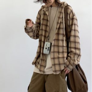 Japanese-Style Retro Plaid Hooded Long Sleeve Shirt for Men and Women - Casual College Trendy Jacket for Spring and Autumn