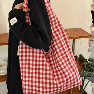 Japanese-Style Retro Red Checkered Canvas Tote Bag for Women, 2025 Commuter Shoulder Bag, Y2K Lazy Style Student Purse