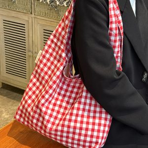 Japanese-Style Retro Red Checkered Canvas Tote Bag for Women, 2025 Commuter Shoulder Bag, Y2K Lazy Style Student Purse