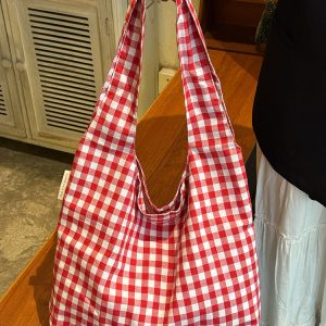 Japanese-Style Retro Red Checkered Canvas Tote Bag for Women, 2025 Commuter Shoulder Bag, Y2K Lazy Style Student Purse