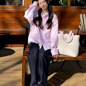 Japanese-Style Retro Striped Long Sleeve Shirt Jacket for Women - Casual College Style Pink Top for Spring