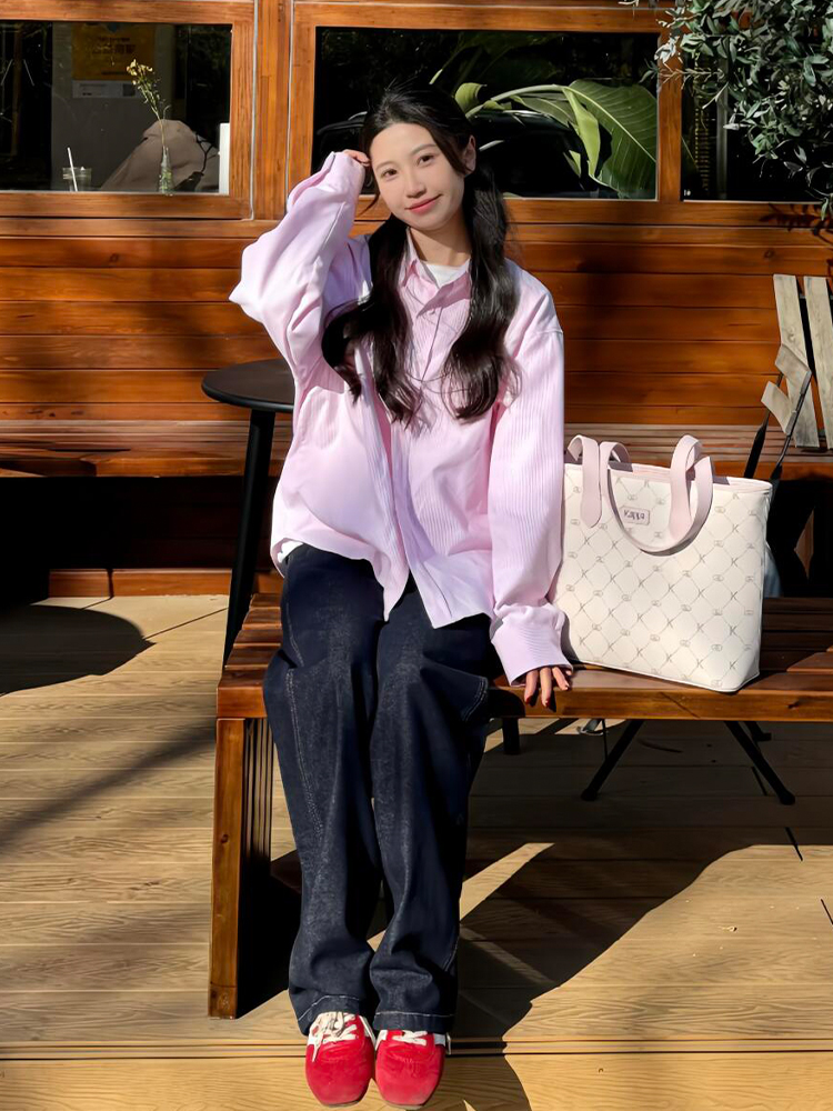 Japanese-Style Retro Striped Long Sleeve Shirt Jacket for Women - Casual College Style Pink Top for Spring Japanese-Style Retro Striped Long Sleeve Shirt Jacket for Women - Casual College Style Pink Top for Spring