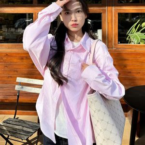 Japanese-Style Retro Striped Long Sleeve Shirt Jacket for Women - Casual College Style Pink Top for Spring