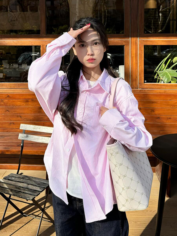 Japanese-Style Retro Striped Long Sleeve Shirt Jacket for Women - Casual College Style Pink Top for Spring Japanese-Style Retro Striped Long Sleeve Shirt Jacket for Women - Casual College Style Pink Top for Spring