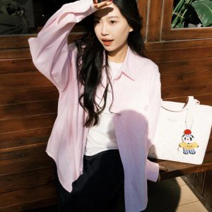 Japanese-Style Retro Striped Long Sleeve Shirt Jacket for Women - Casual College Style Pink Top for Spring