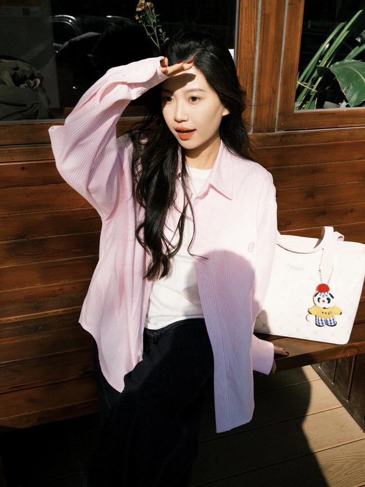 Japanese-Style Retro Striped Long Sleeve Shirt Jacket for Women - Casual College Style Pink Top for Spring Japanese-Style Retro Striped Long Sleeve Shirt Jacket for Women - Casual College Style Pink Top for Spring