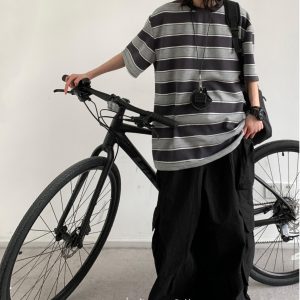 Japanese-Style Retro Striped Round Neck Short Sleeve T-Shirt for Summer, Unisex Loose College Style Half-Sleeve Top