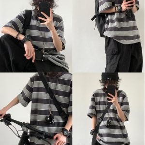 Japanese-Style Retro Striped Round Neck Short Sleeve T-Shirt for Summer, Unisex Loose College Style Half-Sleeve Top