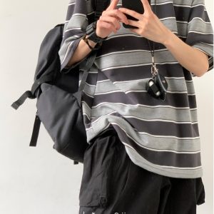 Japanese-Style Retro Striped Round Neck Short Sleeve T-Shirt for Summer, Unisex Loose College Style Half-Sleeve Top