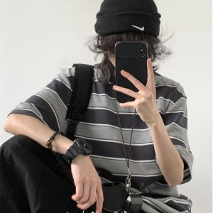 Japanese-Style Retro Striped Round Neck Short Sleeve T-Shirt for Summer, Unisex Loose College Style Half-Sleeve Top