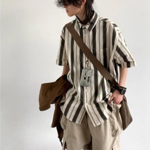 Japanese-Style Retro Vertical Striped Short Sleeve Shirt - Vintage Loose Casual Couple Top for Summer Trend