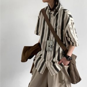 Japanese-Style Retro Vertical Striped Short Sleeve Shirt - Vintage Loose Casual Couple Top for Summer Trend