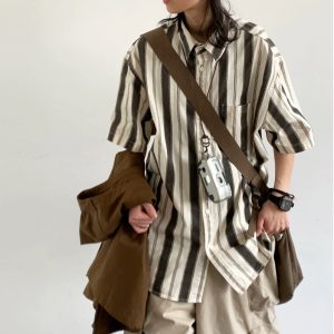 Japanese-Style Retro Vertical Striped Short Sleeve Shirt - Vintage Loose Casual Couple Top for Summer Trend