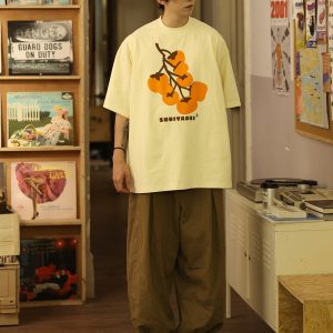 Japanese-Style Short-Sleeve T-Shirt for Men and Women - Casual Heavyweight Couple Top, Trendy Kaki Kaki Ruyi Design