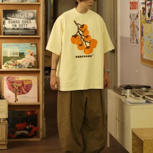 Japanese-Style Short-Sleeve T-Shirt for Men and Women - Casual Heavyweight Couple Top, Trendy Kaki Kaki Ruyi Design