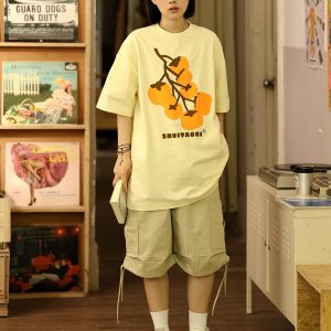 Japanese-Style Short-Sleeve T-Shirt for Men and Women - Casual Heavyweight Couple Top, Trendy Kaki Kaki Ruyi Design