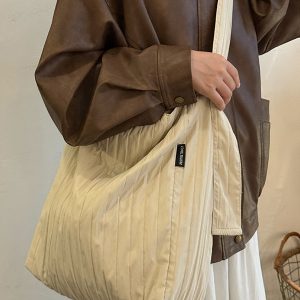 Japanese-Style Single-Shoulder Canvas Tote Bag for Women, Large-Capacity Wrinkled Design, Perfect for Class and Commuting