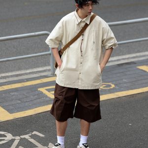 Japanese-Style Spliced Pocket Short Sleeve Shirt for Men - Casual Versatile Summer T-Shirt in Trendy Streetwear Style