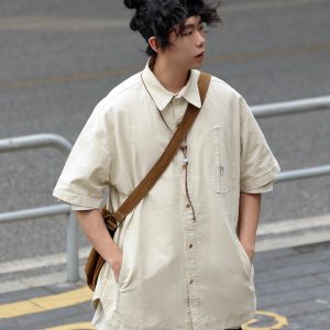 Japanese-Style Spliced Pocket Short Sleeve Shirt for Men - Casual Versatile Summer T-Shirt in Trendy Streetwear Style