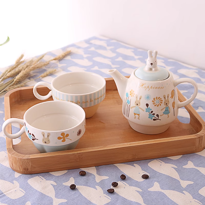 Japanese-Style Sugar Rabbit Ceramic Teapot Set with 2 Teacups and Filter - Cute Afternoon Tea Set for Two, Kids and Parents Tea Service