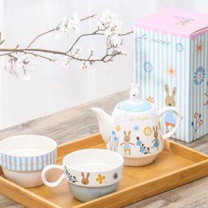 Japanese-Style Sugar Rabbit Ceramic Teapot Set with 2 Teacups and Filter - Cute Afternoon Tea Set for Two, Kids and Parents Tea Service