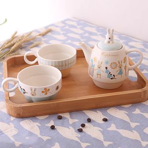 Japanese-Style Sugar Rabbit Ceramic Teapot Set with 2 Teacups and Filter - Cute Afternoon Tea Set for Two, Kids and Parents Tea Service