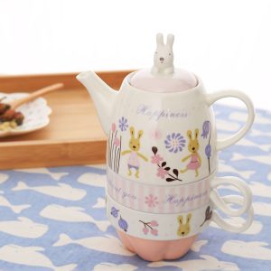 Japanese-Style Sugar Rabbit Ceramic Teapot Set with 2 Teacups and Filter - Cute Afternoon Tea Set for Two, Kids and Parents Tea Service