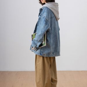 Japanese-Style Women's Hooded Denim Jacket - Loose Casual Spring Autumn Outerwear for Couples, Unisex Fashionable Layering Piece