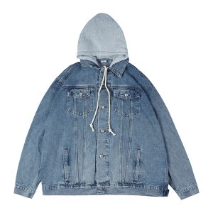 Japanese-Style Women's Hooded Denim Jacket - Loose Casual Spring Autumn Outerwear for Couples, Unisex Fashionable Layering Piece
