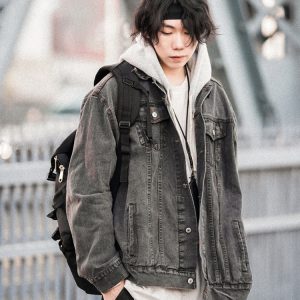 Japanese-Style Women's Hooded Denim Jacket - Loose Casual Spring Autumn Outerwear for Couples, Unisex Fashionable Layering Piece