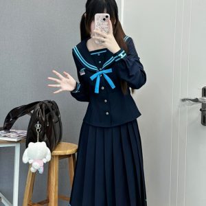 JK Long Sleeve Navy Collar Top & Dark Blue Long Skirt Set - School Supply Style, College Aesthetic, Y2K Fashion