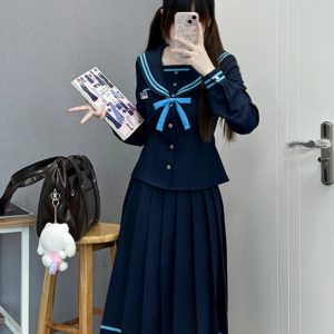 JK Long Sleeve Navy Collar Top & Dark Blue Long Skirt Set - School Supply Style, College Aesthetic, Y2K Fashion