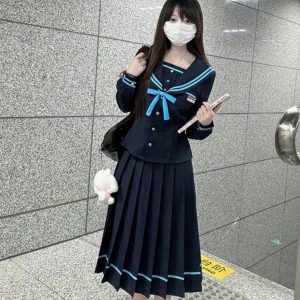 JK Long Sleeve Navy Collar Top & Dark Blue Long Skirt Set - School Supply Style, College Aesthetic, Y2K Fashion
