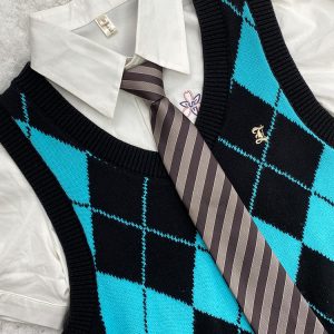JK Uniform Pudding Bear Set - Plaid Skirt, DK Striped Tie, Decorative Bow Tie, Japanese Style, Cute Girls' College Outfit