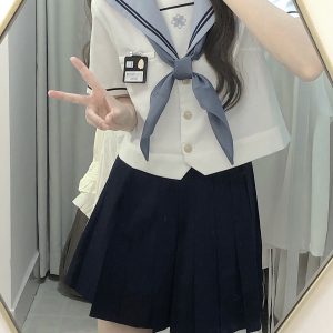 JK Uniform Sailor Suit Set with Short Sleeve Top and Pleated Skirt - Summer Fashion Inspired by Y2K and Korean Style