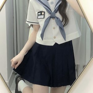 JK Uniform Sailor Suit Set with Short Sleeve Top and Pleated Skirt - Summer Fashion Inspired by Y2K and Korean Style