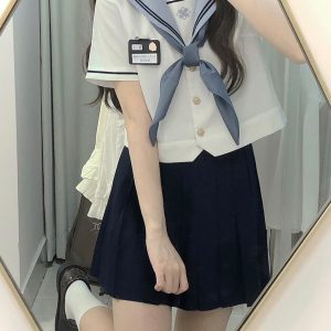 JK Uniform Sailor Suit Set with Short Sleeve Top and Pleated Skirt - Summer Fashion Inspired by Y2K and Korean Style