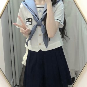 JK Uniform Sailor Suit Set with Short Sleeve Top and Pleated Skirt - Summer Fashion Inspired by Y2K and Korean Style