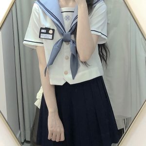 JK Uniform Sailor Suit Set with Short Sleeve Top and Pleated Skirt - Summer Fashion Inspired by Y2K and Korean Style