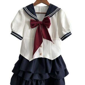 JK Uniform Set for Women - College Style Long & Short Sleeve Shirt with Waist-Cinching Design & Cake Skirt, Sailor Suit Inspired