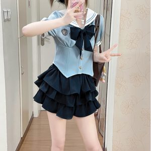JK Uniform Set for Women - College Style Long & Short Sleeve Shirt with Waist-Cinching Design & Cake Skirt, Sailor Suit Inspired