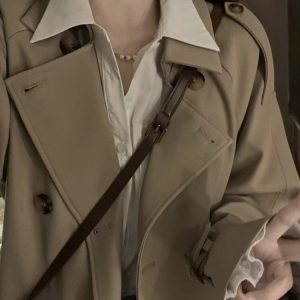 Khaki Mid-Length Trench Coat for Women - 2024 Spring Autumn Korean Style, British Design, Perfect for Petite Figures