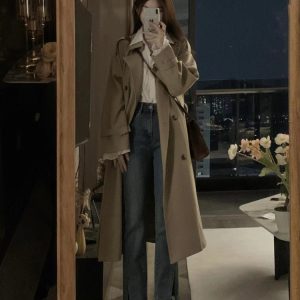 Khaki Mid-Length Trench Coat for Women - 2024 Spring Autumn Korean Style, British Design, Perfect for Petite Figures