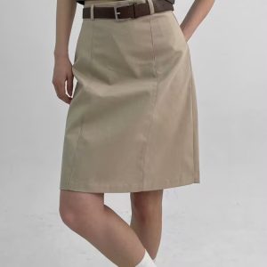 Khaki Midi Skirt for Women - Versatile Summer Bodycon Work Skirt, Professional Mid-Length Commuting Style, Chic Office Essential