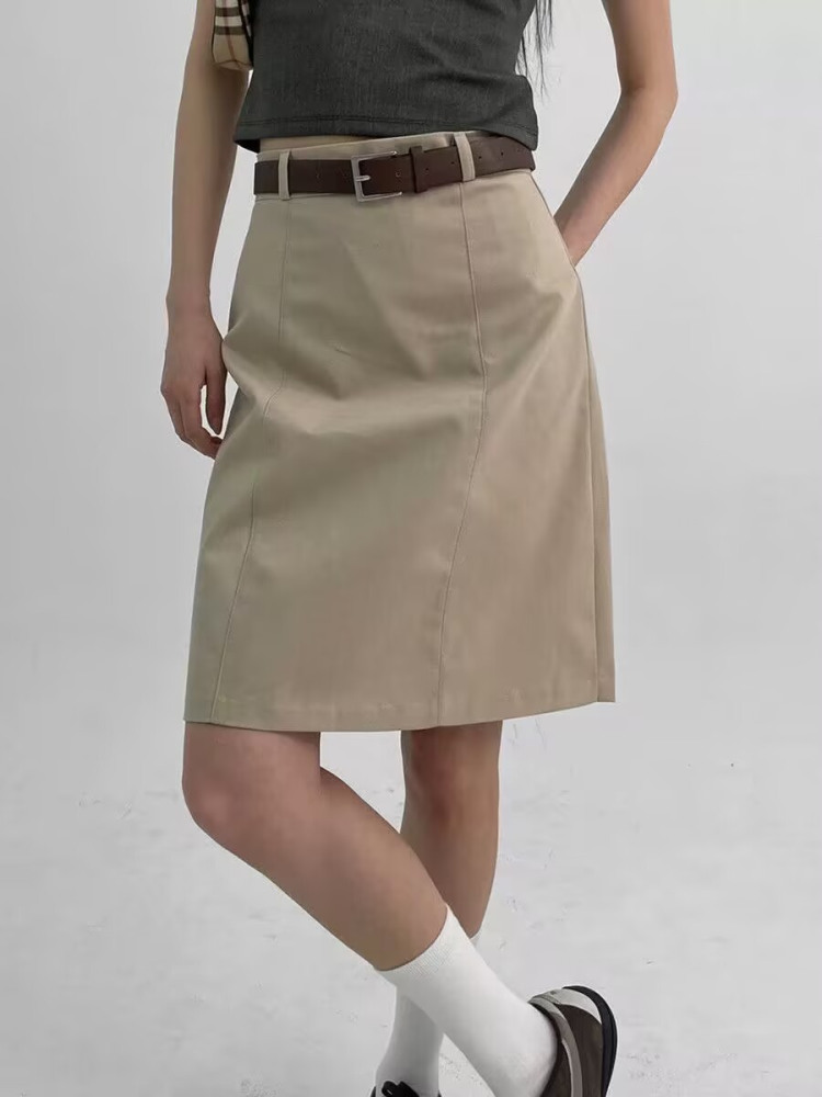 Khaki Midi Skirt for Women - Versatile Summer Bodycon Work Skirt, Professional Mid-Length Commuting Style, Chic Office Essential Khaki Midi Skirt for Women - Versatile Summer Bodycon Work Skirt, Professional Mid-Length Commuting Style, Chic Office Essential