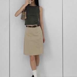 Khaki Midi Skirt for Women - Versatile Summer Bodycon Work Skirt, Professional Mid-Length Commuting Style, Chic Office Essential