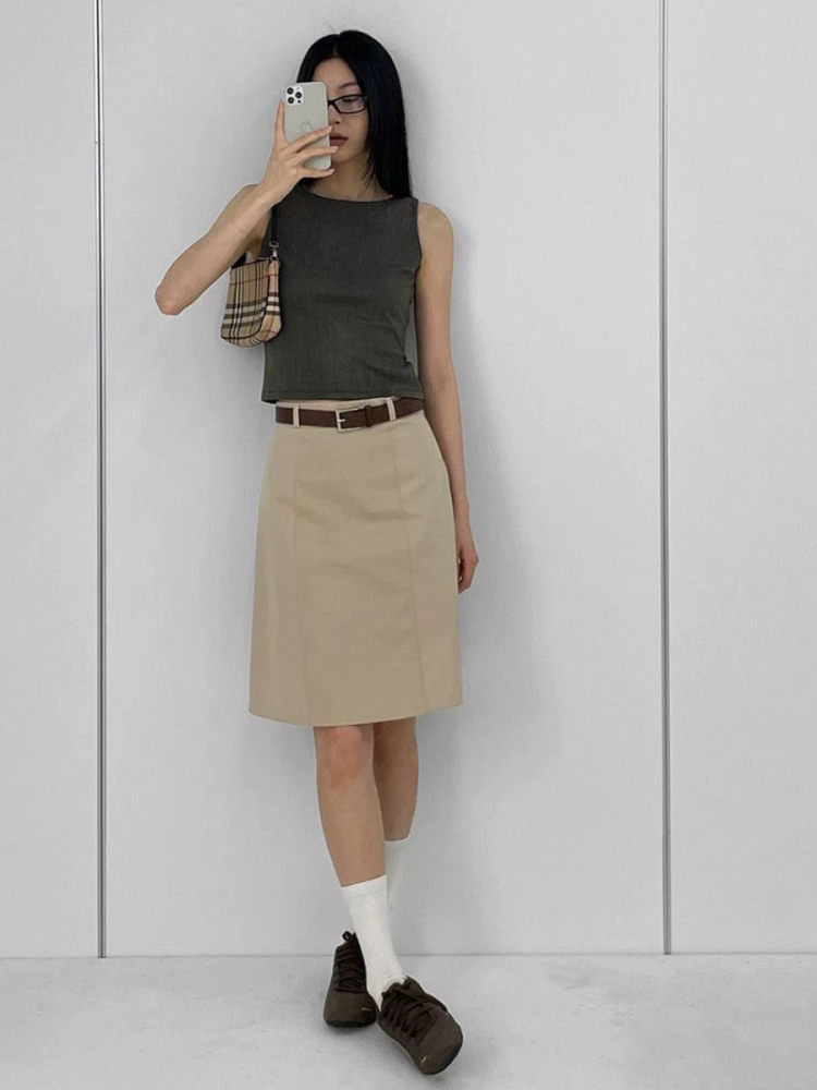 Khaki Midi Skirt for Women - Versatile Summer Bodycon Work Skirt, Professional Mid-Length Commuting Style, Chic Office Essential Khaki Midi Skirt for Women - Versatile Summer Bodycon Work Skirt, Professional Mid-Length Commuting Style, Chic Office Essential