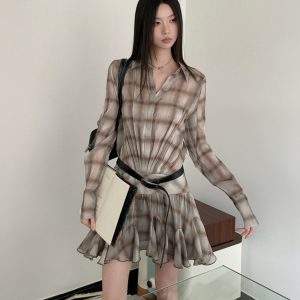 Khaki Plaid Collar Loose Ruffled Short Dress with Pleated Skirt - Trendy Niche Style for Summer 90s Fashion